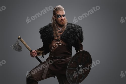 Preview: Medieval viking with black fur holding shield and axe
