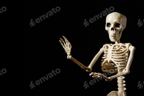 Preview: Human Skeleton waving greeting hand isolated on black background. Life after death. Hello Halloween