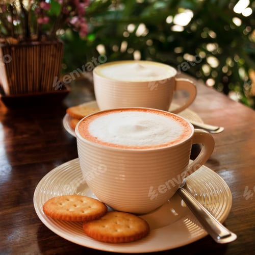 Preview: The couple cups with colorful Thai milk tea on a wooden table in a cafe.