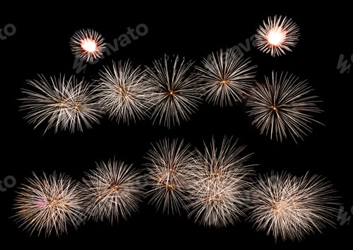 Preview: International fireworks festival display at night on black. Happy New Year Background.