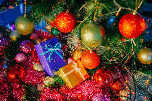 Preview: A beautiful gold colored gift box with a bow lies among tinsel and Christmas decorations