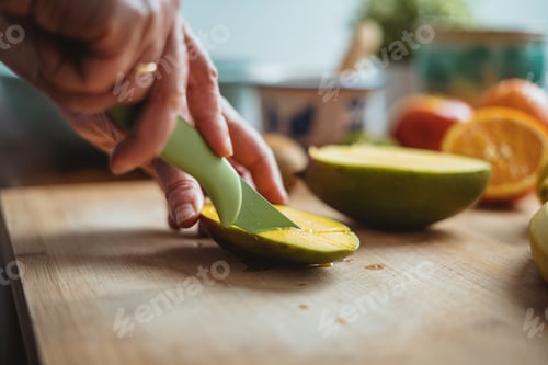 Preview: A woman cutting a mango.