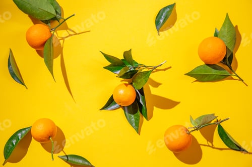Preview: Whole oranges witl orange tree leaves on yellow background