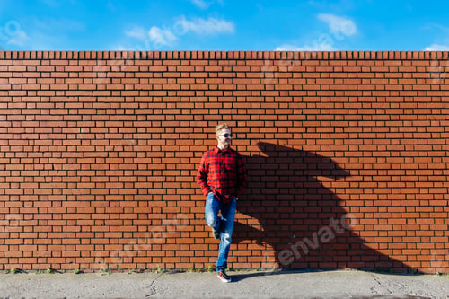 Preview: Young man leaning against brick wall