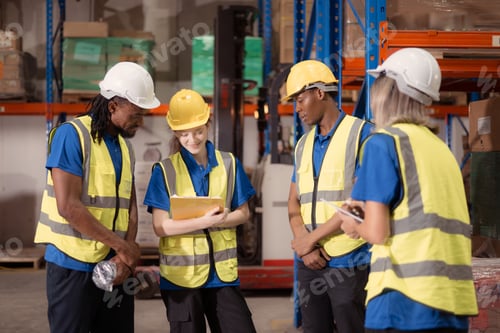Preview: Side view of warehouse workers discussing inspecting goods brought into the warehouse