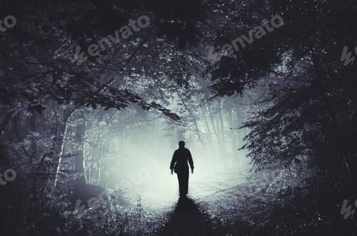 Preview: Silhouette of man in mysterious light in haunted woods