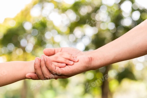 Preview: Father holding son's hand in a public garden