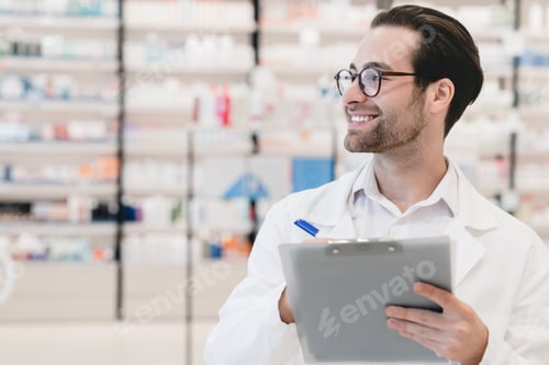 Preview: Druggist writing on clipboard side effects, active substance, prescriptions standing at pharmacy