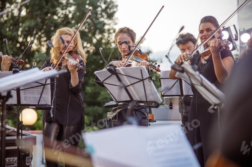 Preview: Violin players giving live orchestral concert on the street