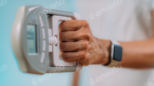 Preview: Woman with Digital Hand Grip Dynamometer, Measuring Strength