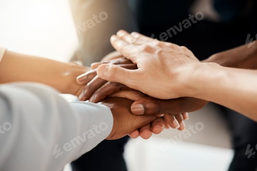 Preview: Hands, team building and meeting for a mission, goals and sales growth targets with teamwork or col