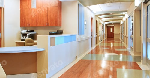 Preview: Empty Corridor And Nurse Station Desk In Modern Hospital Building