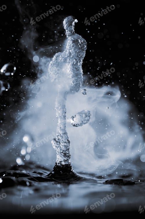Preview: Boiling water splash with steam on black background closeup