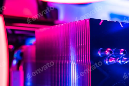 Preview: macro view of the computer radiator to deal with the heat, abstract view with rgb color light
