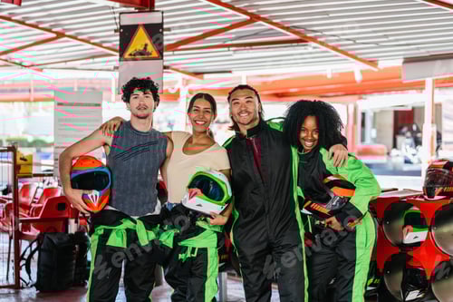 Preview: Diverse friends preparing for go kart racing