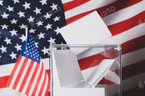 Preview: Voting box with bulletins on american flag background