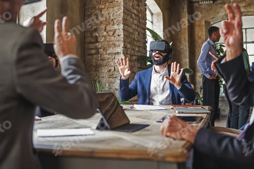 Preview: Group of young entrepreneurs working on a 3d project in metaverse