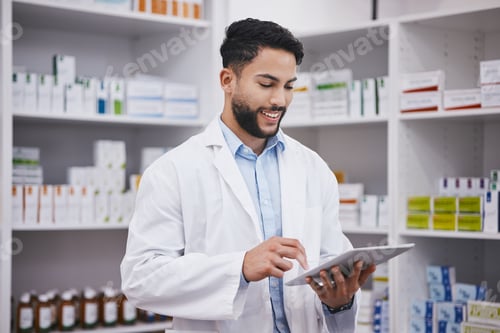 Preview: Pharmacy, happy man or doctor typing on tablet medicine or checking medical prescription pills on s