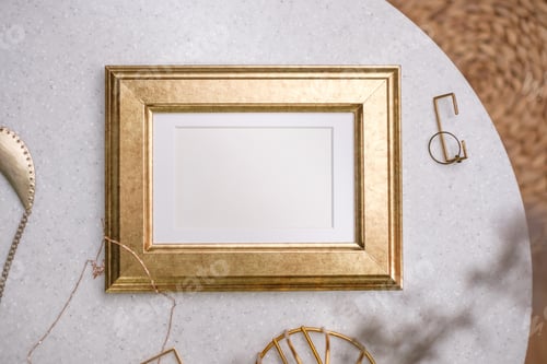 Preview: mockup gold photo frame on white stone round table with sunlight