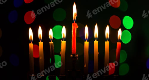 Preview: Silver Hanukkah menorah with candles on a dark background. Holiday concept