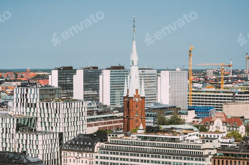 Preview: Stockholm, Sweden. Elevated View Of St. Clara Or Saint Klara Church In Summer Sunny Modern Cityscape