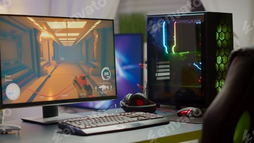 Preview: RGB powerful computer with first-person shooter game on screen