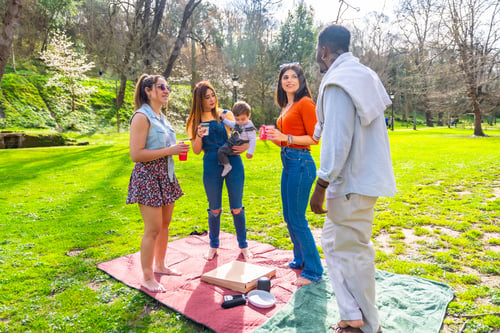Preview: Friends enjoying drinks and pizza at a sunny park picnic