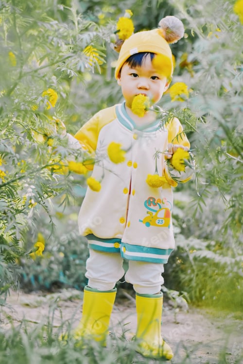 Preview: Photo of a happy child boy wearing a yellow jacket and yellow hat playing in a meadow.