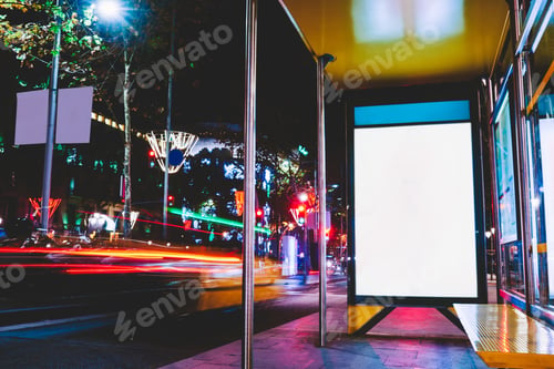 Preview: Modern bus stop with banner in street