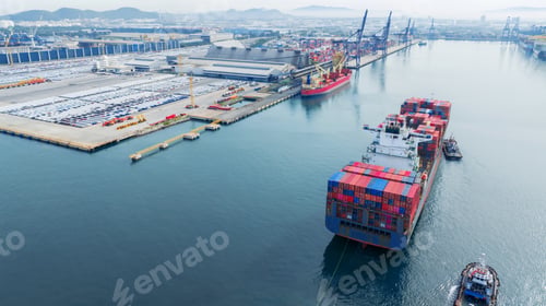 Preview: Tugboat pull container cargo ship vessel to cargo international container yard port concept shipping