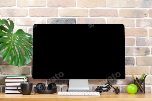 Preview: Office desk workplace with blank screen pc
