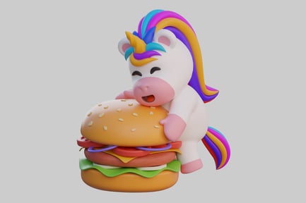 Preview: Cartoon unicorn hugging a burger