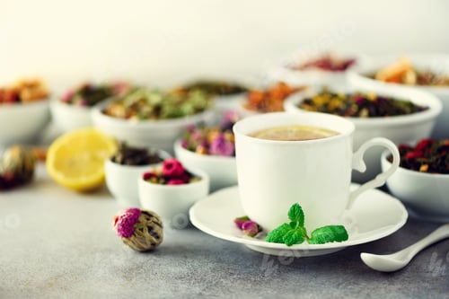 Preview: Tea concept with copy space. Different kinds of dry tea in white ceramic bowls and cup of aromatic