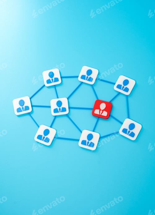 Preview: Corporate network and red figure of the employee. Dismissal of the participant and distribution
