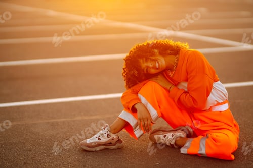 Preview: Young American woman - dancer dancing in street at sunset. Stylish woman showing some moves
