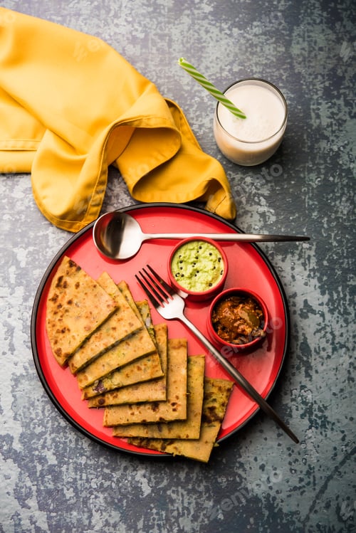 Indian Breakfast: Paratha on Plate with Condiments