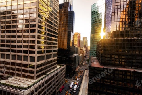 Preview: Elevated view of glass fronted skyscrapers, New York, USA