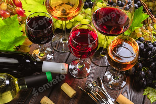 Preview: wine with branches of white grapes. On a wooden table.