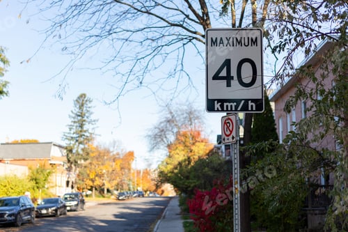 Preview: Speed limit road sign in residential district of Ottawa city in Canada in autumn