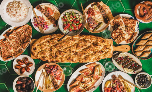 Preview: Muslim Ramadan iftar dinner with Turkish typical foods, copy space