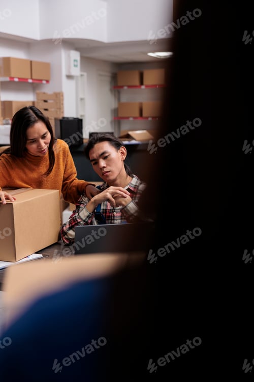 Preview: Warehouse order pickers analyzing product information on laptop