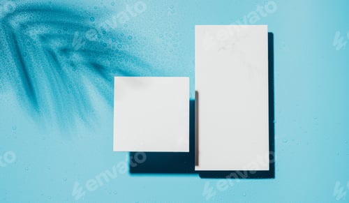 Preview: Creative podium White stone tiles blue background with drops, bright sun and shadows