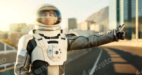 Preview: City, hitchhiking and street with astronaut woman on planet earth for adventure, discovery or journ