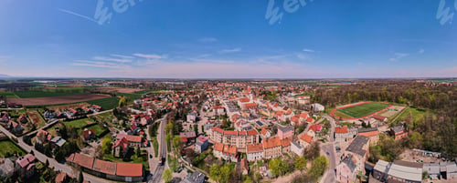 Preview: Aerial view of small european town with residential buildings and streets, Suburban panorama