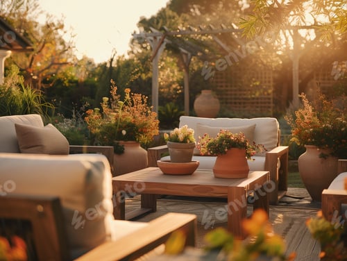 Preview: Patio with outdoor furniture and potted flowers in a garden setting