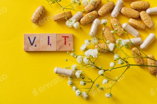 Preview: Pills and vitamins on yellow background