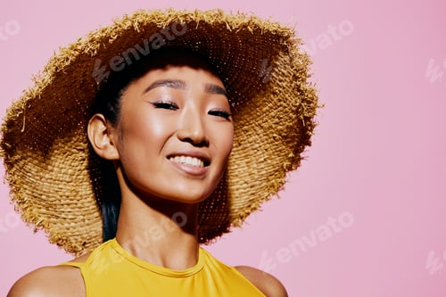 Preview: Summer woman cheerful beauty yellow trendy emotion background pink black pretty portrait fashion