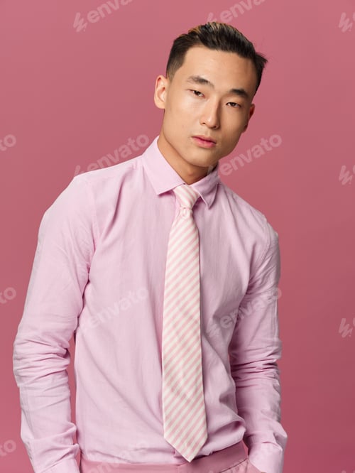Preview: Male asian appearance shirt tie attractive look cropped view pink background