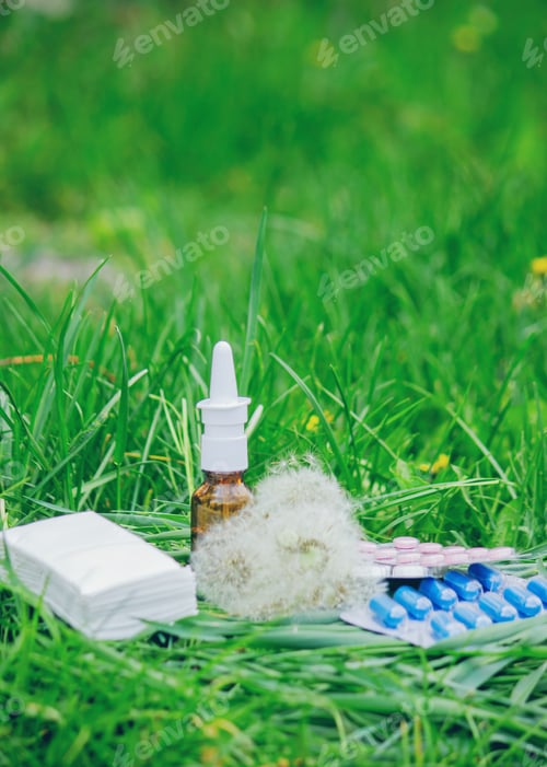 Preview: Nasal drops, allergy spray, wipes and tablets. Allergy treatment concept