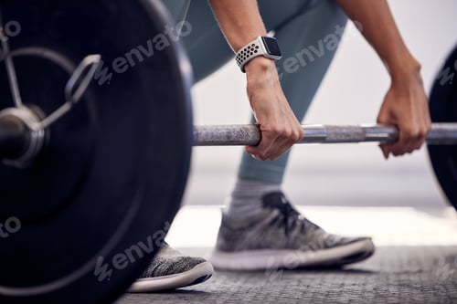 Preview: Fitness, exercise and strong, woman with barbell doing deadlift during workout and weight training